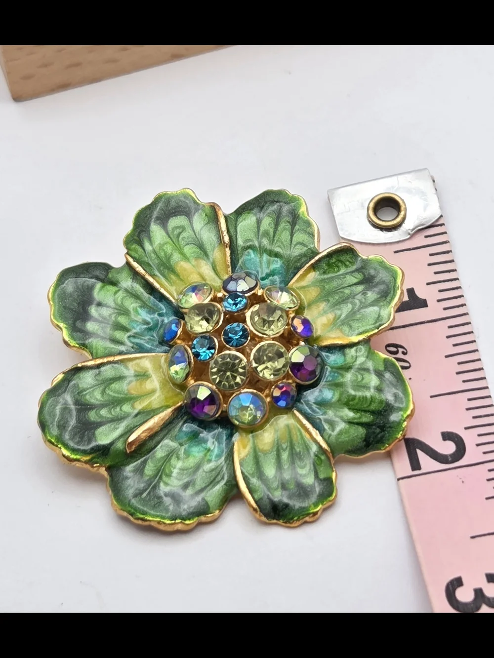 Vintage Enamel Green Flower Brooch AB Rhinestone Center Gold Tone Pin